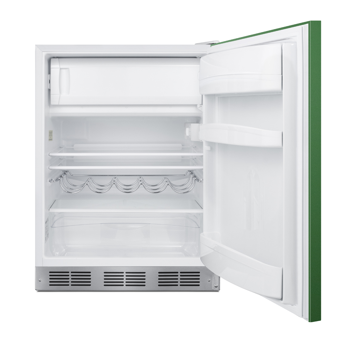 24 in. wide ADA height refrigerator-freezer for residential use with an emerald green door, stainless steel handle, and white cabinet